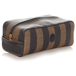 Fendi-Fendi Brown Pequin Clutch Bag-Brown,Black