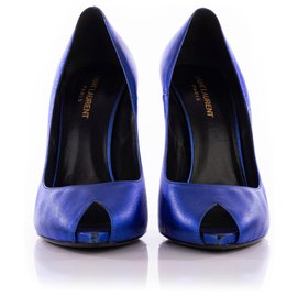 Saint Laurent-Zapatos de salón peeptoe metálicos azules de Saint Laurent-Azul,Azul marino