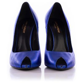 Saint Laurent Blue Metallic Peeptoe Pumps Blue Navy blue