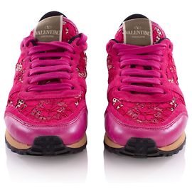 Valentino Garavani Tênis Valentino Fuschia Couro Rosa e Renda Macrame Rosa