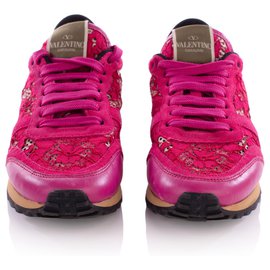 Valentino-Valentino Fuschia Sneakers aus Leder und Makramee-Spitze in Rosa-Pink