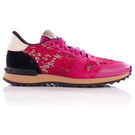 Valentino-Valentino Fuschia Pink Leather and Macrame Lace Sneakers-Pink