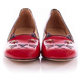 Charlotte Olympia Kitty Studs Patent Leather Loafers Red