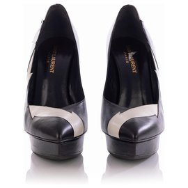 Saint Laurent-Saint Laurent Zapatos de tacón con plataforma puntiagudos Janis Lightning Splash de cuero negro / blanco-Negro