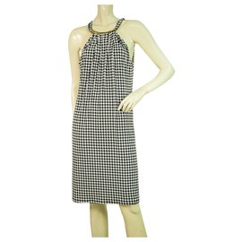 Michael Kors-Michael Kors Black & White Check Gold Tone Choker Halter Neckline Dress-Black,White