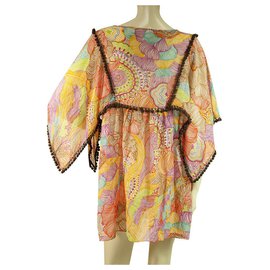 Milly-Milly Cabana Mini abito o top da spiaggia in cotone e seta floreale con caftano coprente S-Multicolore