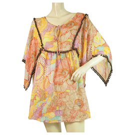 Milly-Milly Cabana Coton Soie Floral Sheer Caftan Cover Up Plage Mini Robe ou Top S-Multicolore