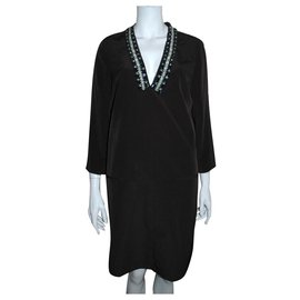 Autre Marque Bejeweled mittellanges Kaftankleid Schwarz Silber