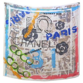 Chanel-NINE CHALE CHANEL CASHMERE SEDA LOGO CC COCO CAMELIA SIL CASHMERE SHAWL-Multicolor