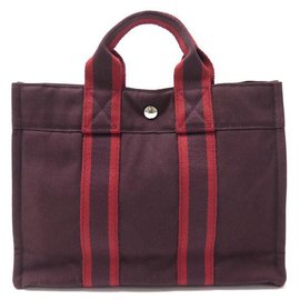 Hermès-NEW HERMES TOTO PM TOTE BAG IN BURGUNDY CANVAS HAND TOTE BAG-Dark red