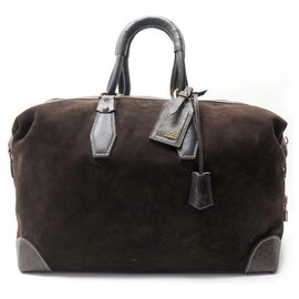 Louis Vuitton-LOUIS VUITTON HANDED TRAVEL BAG IN BROWN SUEDE & OSTRICH LEATHER TRAVEL HANDBAG-Brown