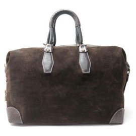 Louis Vuitton-SAC DE VOYAGE A MAIN LOUIS VUITTON EN DAIM & CUIR AUTRUCHE MARRON TRAVEL HANDBAG-Marron