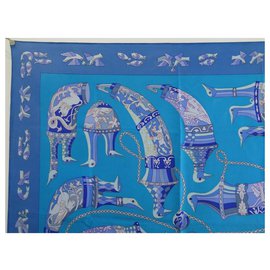 Hermès-VINTAGE RARE HERMES RHYTONS SWILDENS SQUARE SCARF 90 SILK SCARF-Blue