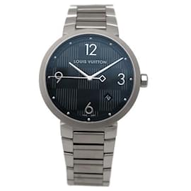 Louis Vuitton-NEW LOUIS VUITTON TAMBOUR DAMIER BLACK Q WATCH1D071 39 MM QUARTZ STEEL-Silvery