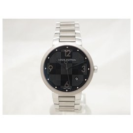 Louis Vuitton-NEW LOUIS VUITTON TAMBOUR DAMIER BLACK Q WATCH1D071 39 MM QUARTZ STEEL-Silvery