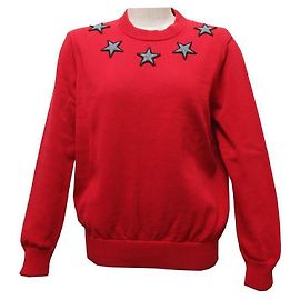 PULL GIVENCHY EN COTON ROUGE M 38 PATCHS ETOILES AU COL GRISES RED SWEAT Rouge