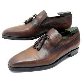 CHAUSSURES BERLUTI 7 41 MOCASSINS A PAMPILLES CUIR SCRITTO + EMBAUCHOIRS Marron