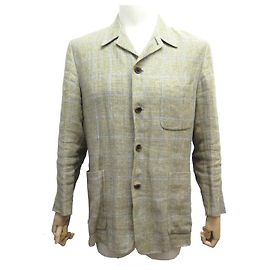 Hermès NEW HERMES G JACKET9508 M 48 CHECKED KHAKI LINEN NEW LINEN JACKET VEST Khaki
