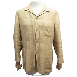 Hermès HERMES G JACKET9508 CHECKED M 48 MUSTARD YELLOW LINEN LINEN JACKET Yellow