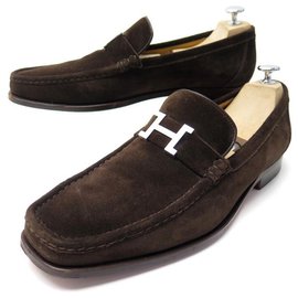 Hermès-HERMES MOCASSINS H BUCKLE SHOES 44.5 BROWN SUEDE + SHOES SUEDE BOX-Brown