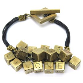 Céline-CELINE CUBES BRACELET SIZE 17 GOLD BRASS AND BLACK LEATHER JEWEL LEATHER-Golden