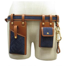 Fendi-NEW FENDI MULTI ACCESSORIES BELT FF 8C0593 T90 BROWN LEATHER AND DENIM-Other
