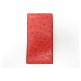 Hermès-VINTAGE SMALL BLOCK HOLDER NOTE HERMES IN RED OSTRICH LEATHER + PEN HOLDER-Red