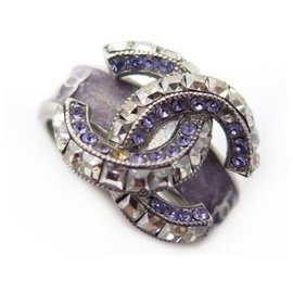 Chanel-NEUF BAGUE CHANEL LOGO CC & STRASS VIOLET TAILLE 54 METAL ARGENT NEW RING-Argenté