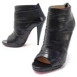 Christian Louboutin-CHRISTIAN LOUBOUTIN SHOES OPEN TOE BOOTS 38 BLACK LEATHER BOOTS SHOES-Black