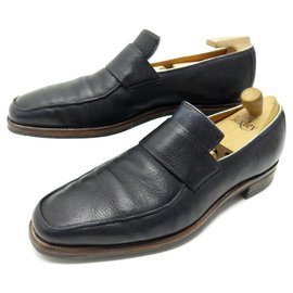 Corthay-BEL AIR CORTHAY SHOES 10 44 BLACK SEED LEATHER LOAFERS + STRAPS-Black