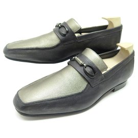 Corthay-CORTHAY CANNES SHOES 9 43 BLACK & SILVER TWO-TONE LEATHER LOAFERS SHOE-Black