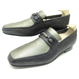 SCARPE CORTHAY CANNES 9 43 MOCASSINI IN PELLE BICOLORE NERO E ARGENTO Nero