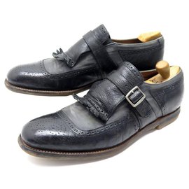 Church's-CHURCH'S SHANGHAI SHOES 9 43 GRAY CANVAS & BLACK LEATHER BUCKLE LOAFERS-Black