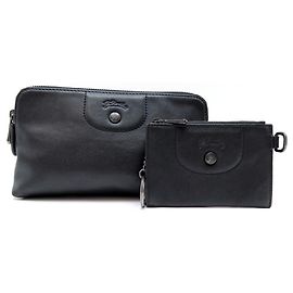 LOT LONGCHAMP KEY COIN WALLET + POUCH L4549757001 BLACK LEATHER FOLDING Black