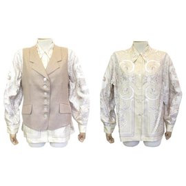 Hermès-NEW HERMES VEST + BLOUSE LES TUILERIES SET L 42 SILK SET-Beige