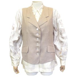 Hermès-NEW HERMES VEST + BLOUSE LES TUILERIES SET L 42 SILK SET-Beige