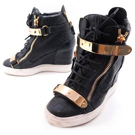 GIUSEPPE ZANOTTI BASKET COBY WEDGE SCHUHE 37.5 ES 38.5 FR LEDERSNEAKERS Schwarz