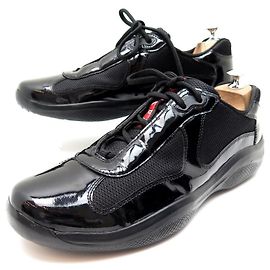 NEU PRADA Sneaker SCHUHE 9 ES 44 FR IN SCHWARZEN LACKLEDER-SNEAKERSCHUHEN Schwarz