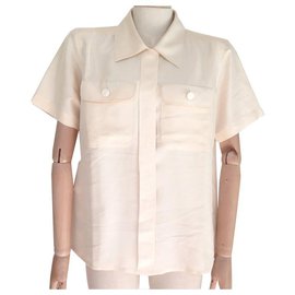 CHEMISE YVES SAINT LAURENT A MANCHES COURTES T 44 L SOIE BEIGE SILK SHIRT Beige