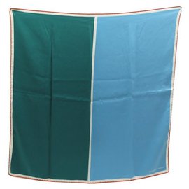 Hermès-HERMES TWO-TONE SQUARE SCARF 70 CM IN BLUE AND GREEN SILK SILK SCARF-Other