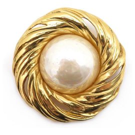 BROCHE VINTAGE GRANDE YVES SAINT LAURENT PERLE COLGANTE DE METAL DORADO BROCHE PERLA Dorado