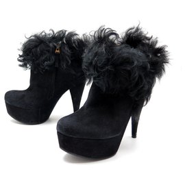 Fendi-FENDI SHOES ANKLE BOOTS 39 39.5 LOW BOOTS BLACK SUEDE FUR-Black