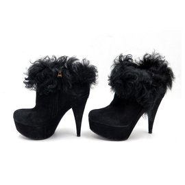 Fendi-FENDI SHOES ANKLE BOOTS 39 39.5 LOW BOOTS BLACK SUEDE FUR-Black