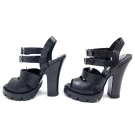 Prada-NEW PRADA SHOES SANDALS WITH HEELS 40 BLACK LEATHER SANDALS SHOES-Black