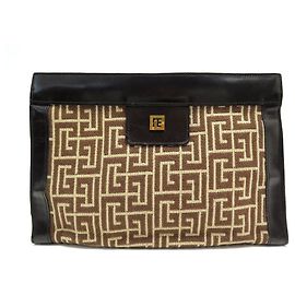 VINTAGE PIERRE BALMAIN HANDBEUTEL AUS MONOGRAMM CANVAS & BRAUN LEDERTASCHE Braun
