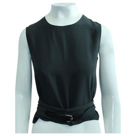Hermès-Charcoal Silk Twill top with Silk/Leather Belt-Black