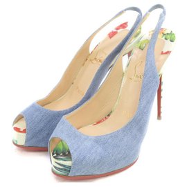 Christian Louboutin-Peep-Toe Denim Heels with Floral Print Sandals Mules Platforms-Other