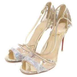 Christian Louboutin-Size 35.5 Clear Sparkle Open Toe T-Strap Heel Sandal Pumps-Other