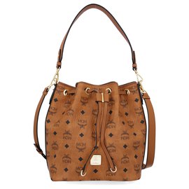 MCM Essential Drawstring Bag with LOGO Brown Beige