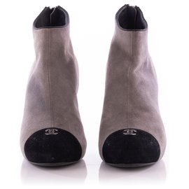 Chanel-Chanel Grey/Black Suede Cap Toe CC Logo Platform Ankle Boots-Grey